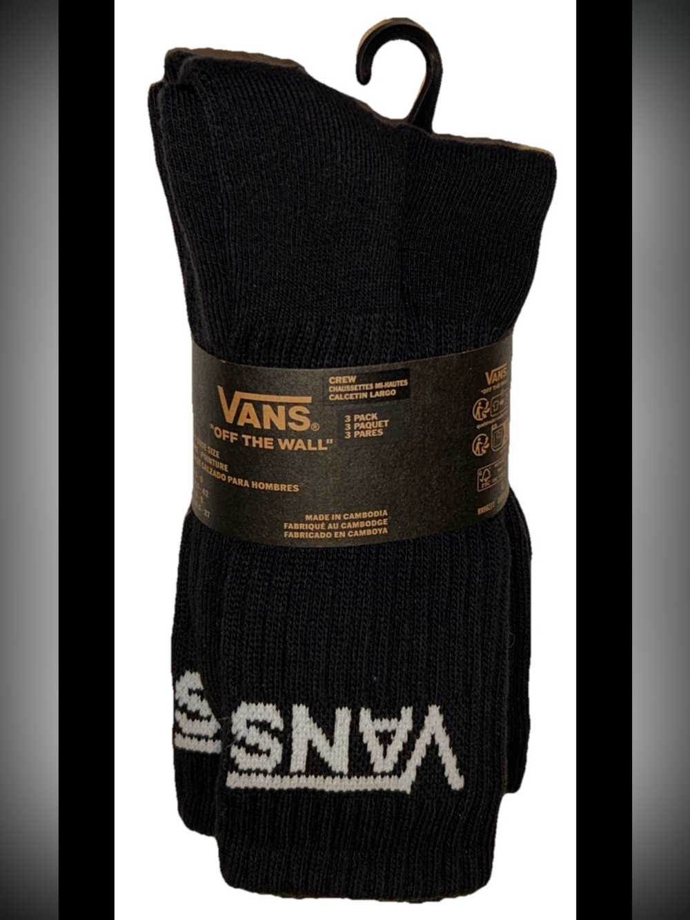 Vans Off The Wall Crew Socks 3 Pair Men 6.5-9 Black w White Logo Skate Ride NEW!